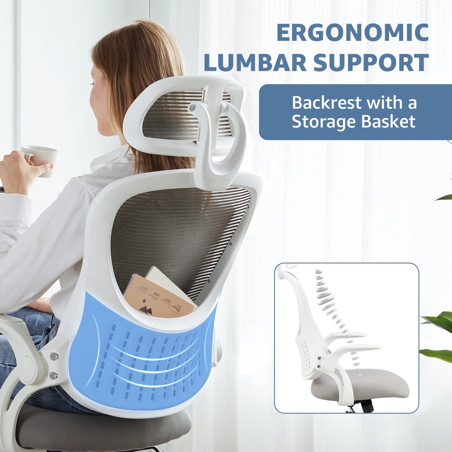 JHK Mesh Ergonomic Office Chair With Flip Up Arm Adjustable