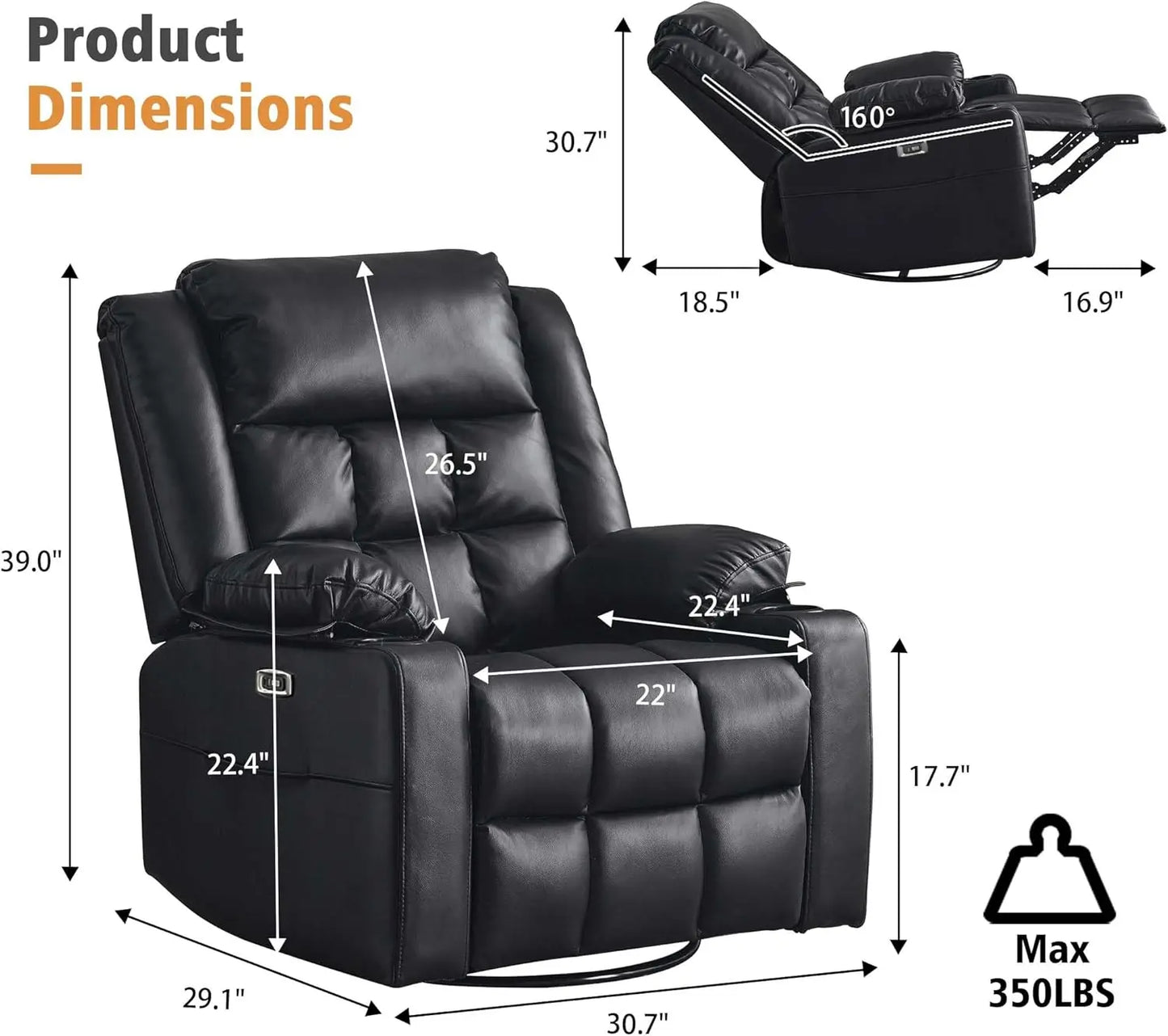 XMSJ Swivel Rocker Recliner Chair With Massage And USB Ports
